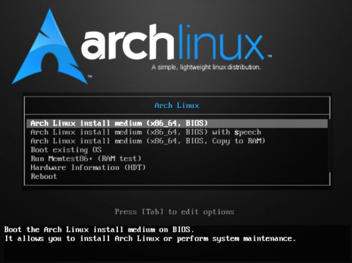 Начальный экран установщика Arch Linux